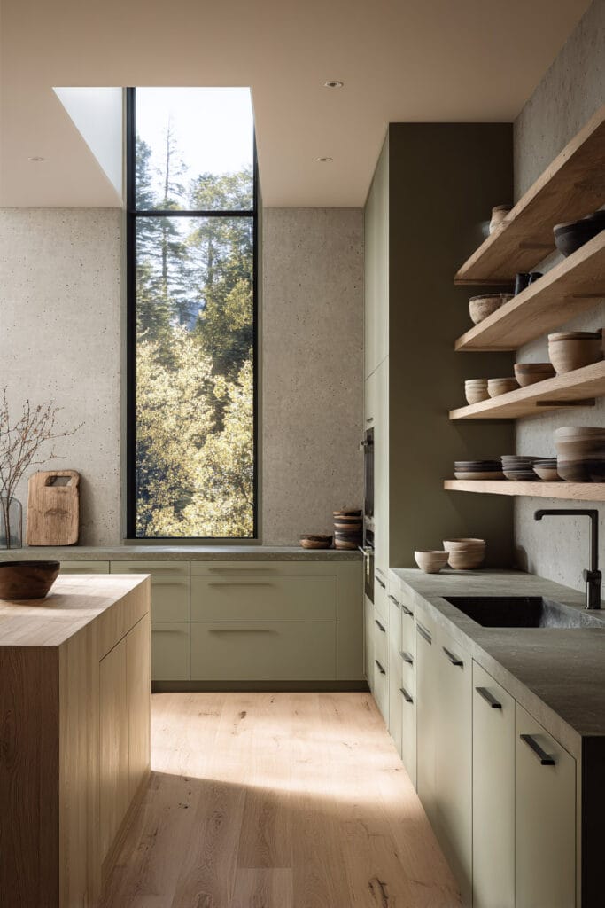 Minimalist sage green kitchen with open shelving, exposed wood beams, floor-to-ceiling window, and natural light.Modern sage green kitchen with stone countertops, wood open shelving, skylight, and tall picture window.