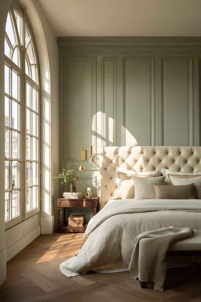Elegant sage green bedroom with paneled walls, tufted cream headboard, neutral bedding, arched window, and wood floors.