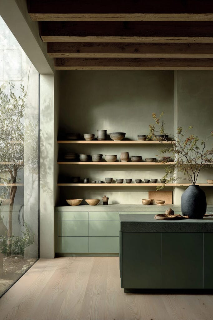 Minimalist sage green kitchen with open shelving, exposed wood beams, floor-to-ceiling window, and natural light.