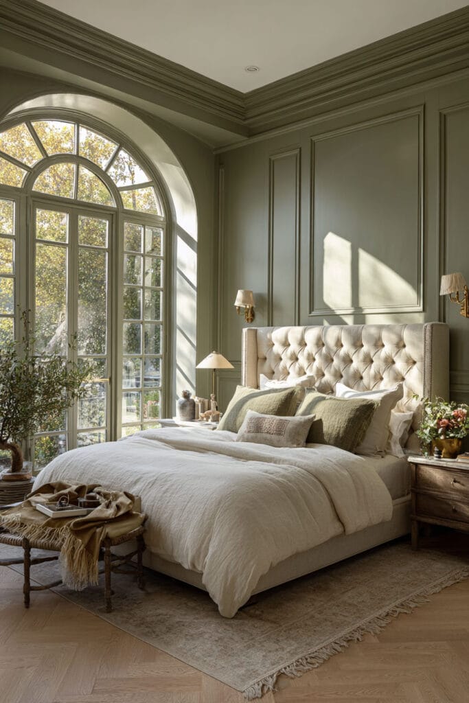 Elegant sage green bedroom with paneled walls, tufted headboard, arched window, neutral bedding, and greenery.