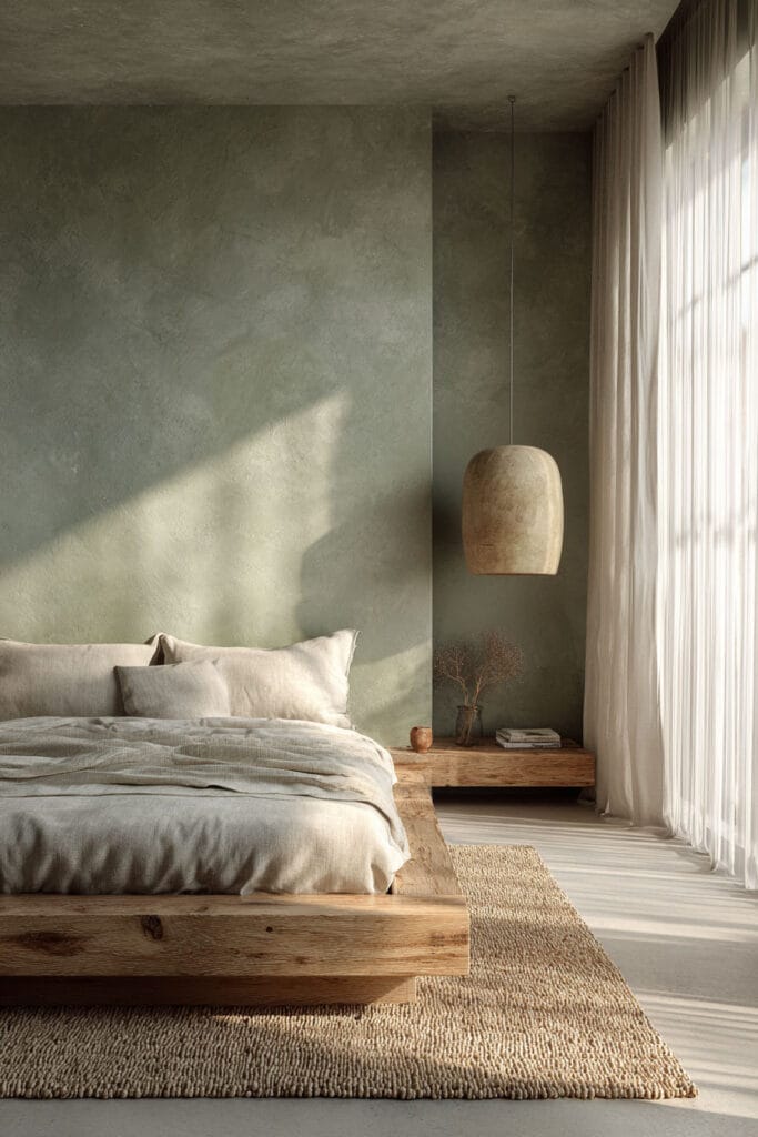 Minimalist sage green bedroom with wood platform bed, linen bedding, woven rug, sheer curtains, and pendant light.