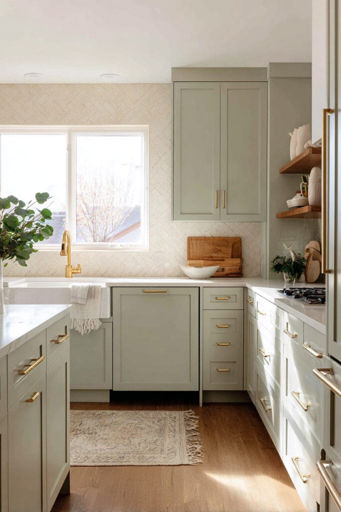 Sage green kitchen with farmhouse sink, brass hardware, herringbone backsplash, marble countertops, and open wood shelving.