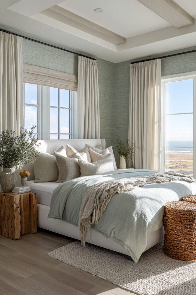 Coastal sage green bedroom with linen bedding, woven accents, wood side table, and ocean view windows.