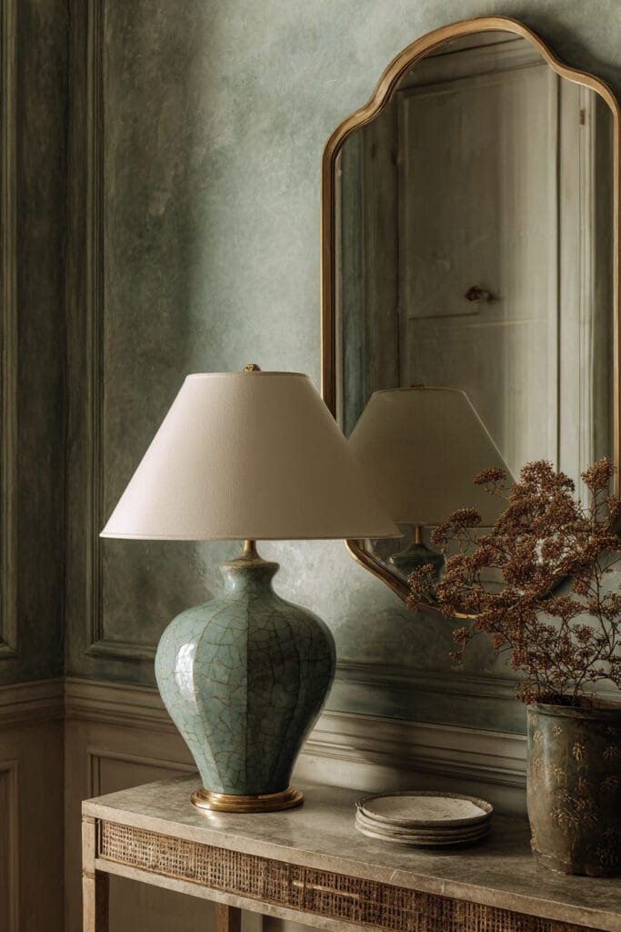 Sage green entryway with antique mirror, ceramic lamp, stone console table, and dried floral arrangement.