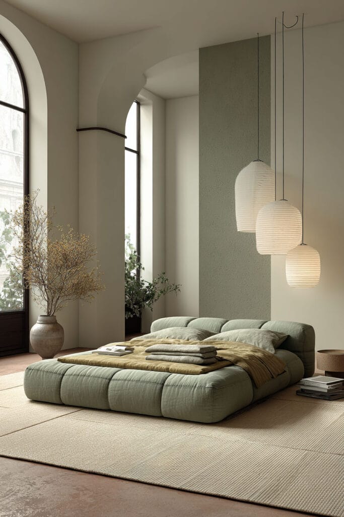 Farmhouse bedroom with sage green beadboard walls, rustic wood bed, vintage nightstand, wicker basket, and gingham bedding.