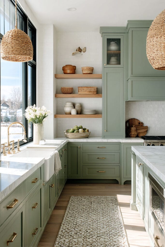 Sage green kitchen with brass hardware, farmhouse sink, open wood shelving, woven pendant lights, and marble countertops.