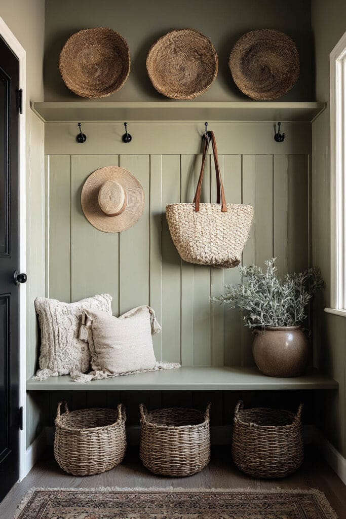 Sage green mudroom nook with built-in bench, woven baskets, decorative wall baskets, and cozy neutral pillows.