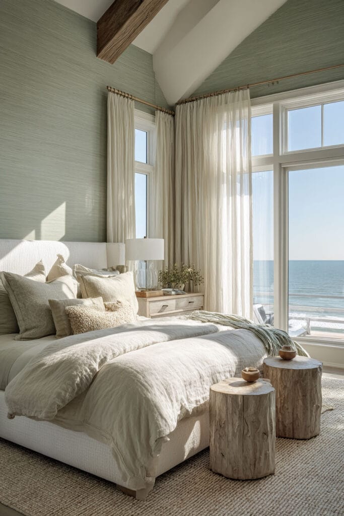 Coastal sage green bedroom with vaulted ceiling, linen bedding, wood stump tables, and ocean view windows.
