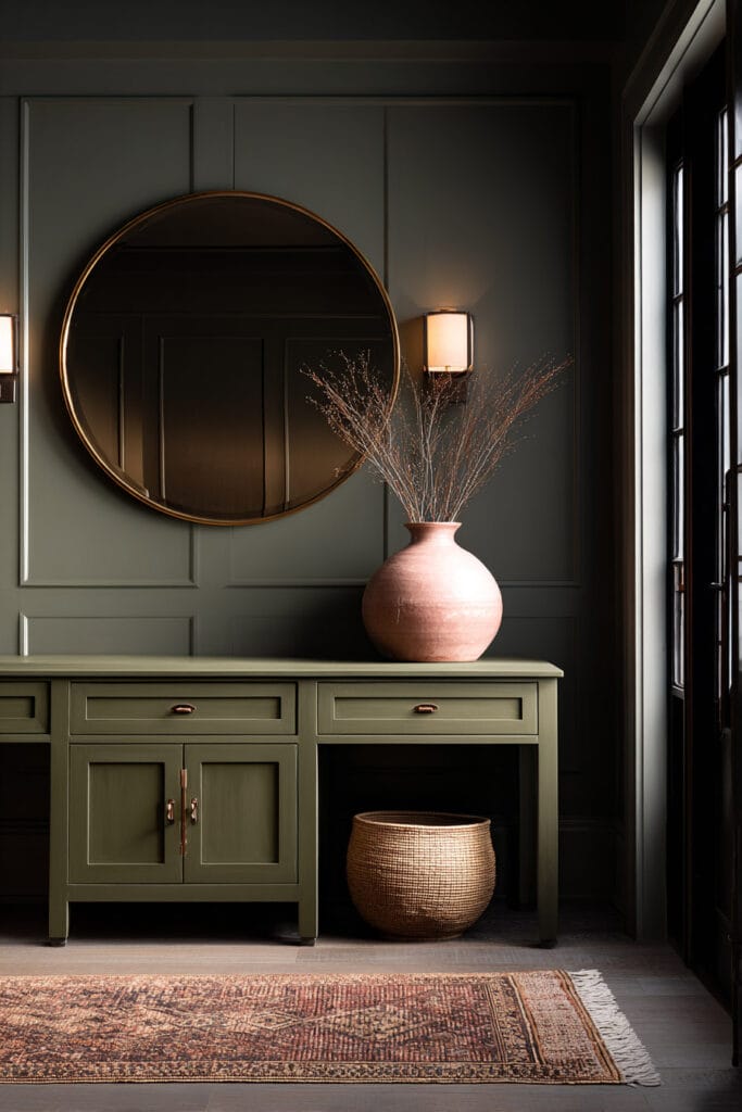 Sage green entryway with console table, round gold mirror, terracotta vase, woven basket, and patterned rug.