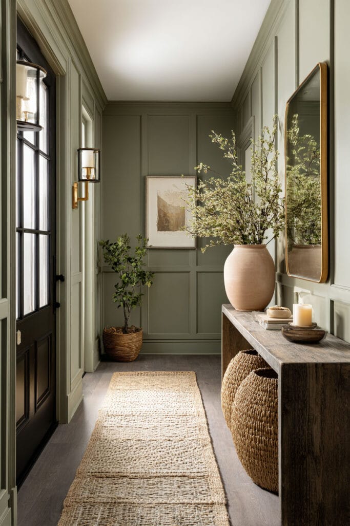 Sage green entryway with paneled walls, rustic wood console, terracotta vase, woven accents, and jute runner.