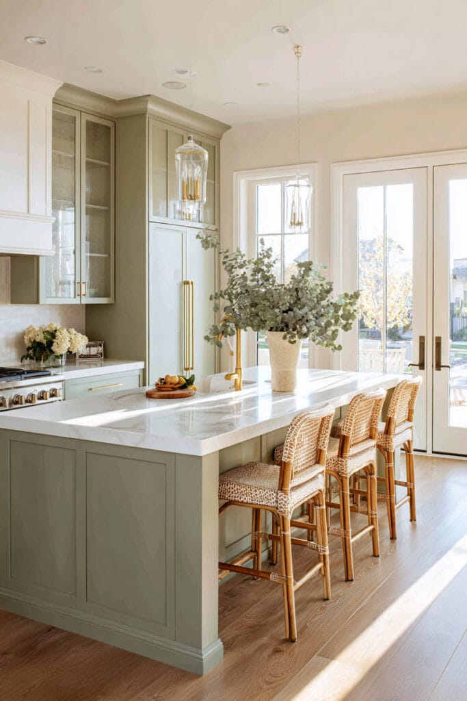 Sage green kitchen with marble island, rattan barstools, brass pendant lights, and French doors.