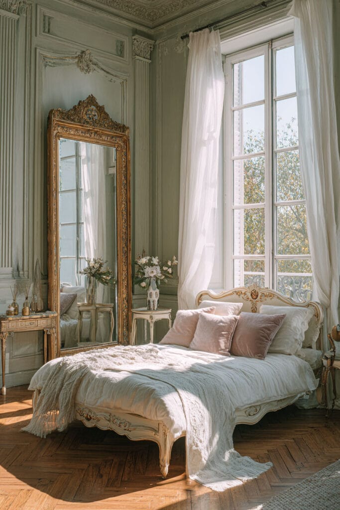 Romantic sage green bedroom with tall windows, white curtains, ornate mirror, French-style bedframe, and blush pillows.