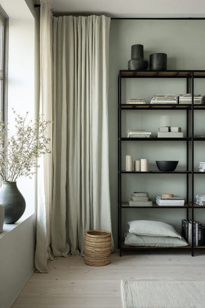 Sage green wall with black shelving, linen curtains, neutral decor, and woven basket in a modern minimalist living space.