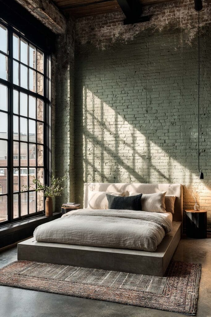 Industrial bedroom with sage green brick walls, black-framed windows, platform bed, and concrete floors in modern loft style.