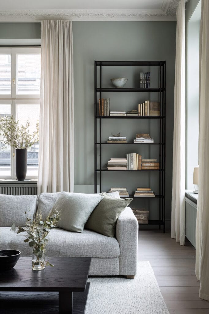 Sage green living room with gray sofa, green pillows, black shelving, dark wood coffee table, and light airy curtains.