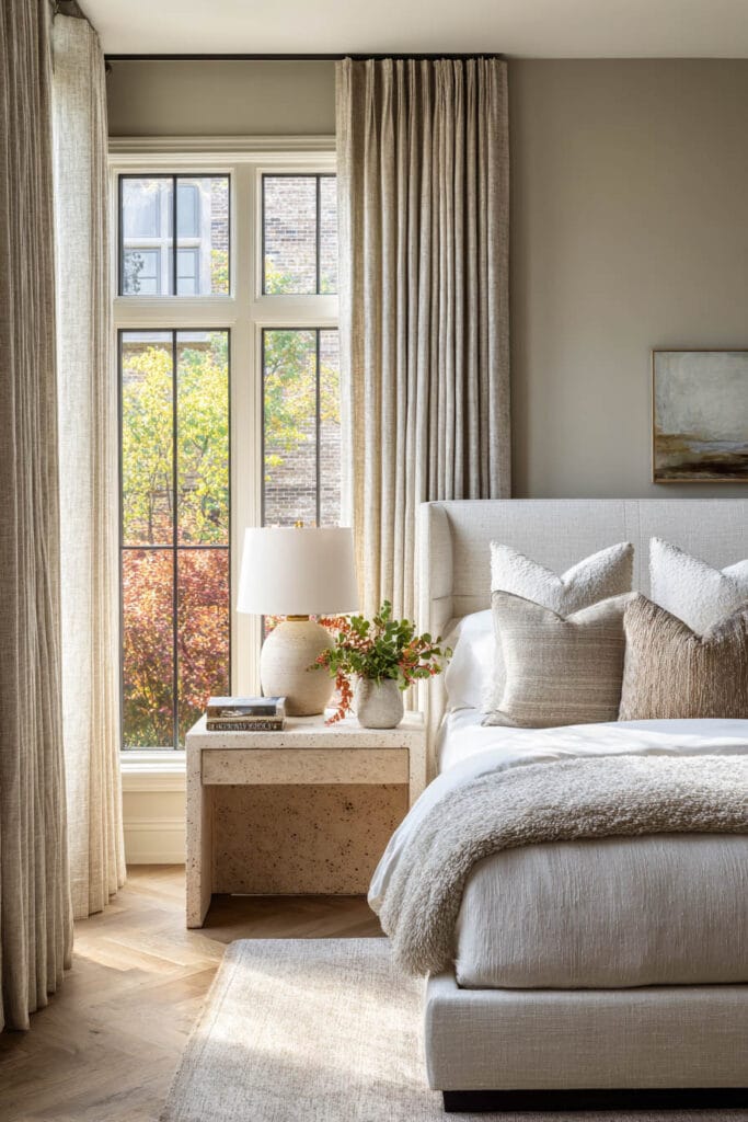 Neutral bedroom with sage green undertones, textured pillows, stone nightstand, and large windows bringing in natural light.