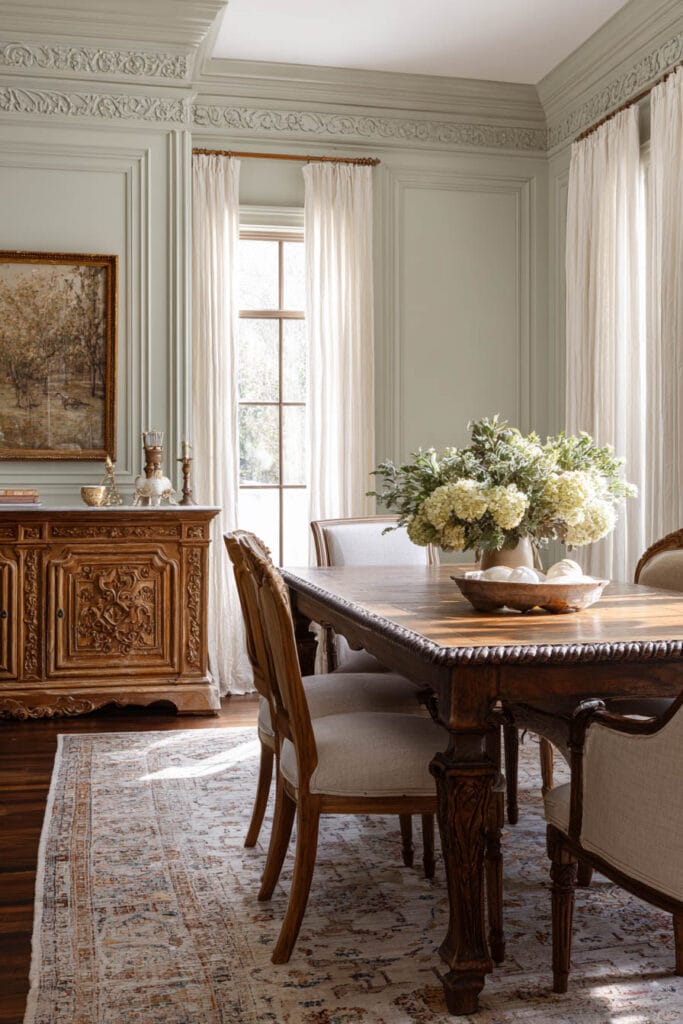 Traditional dining room with sage green paneled walls, antique wood table, carved sideboard, and floral centerpiece.