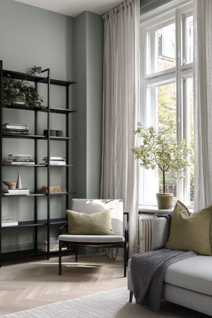 Sage green living room with black shelving, neutral furniture, green accent pillows, airy curtains, and cozy throw blanket.