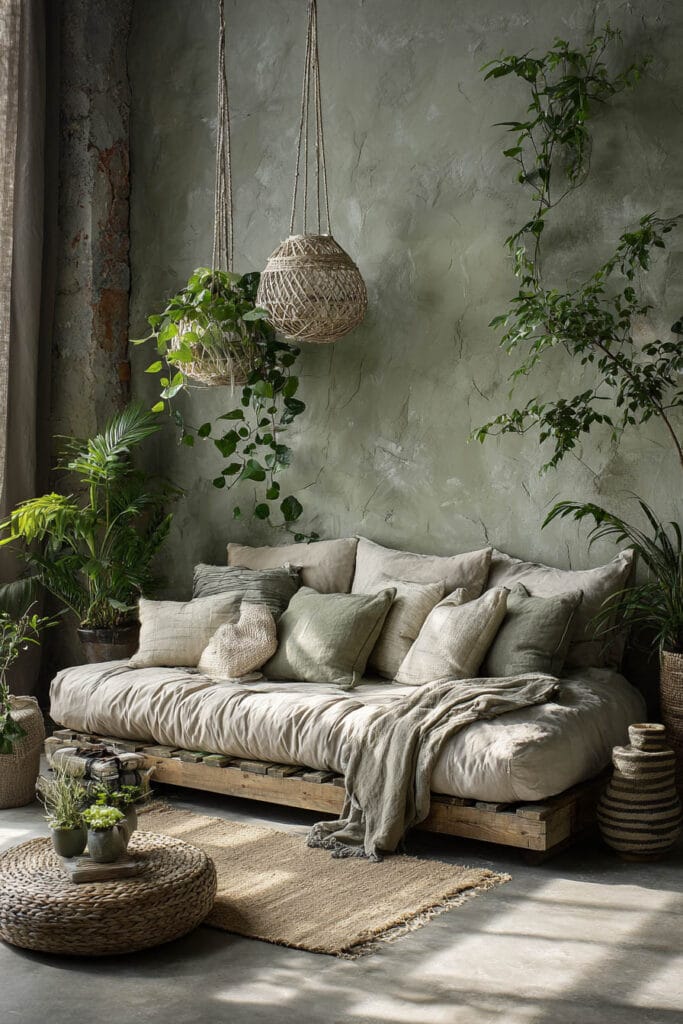 Boho living room with sage green textured walls, pallet sofa, layered neutral pillows, and hanging woven planters with greenery.