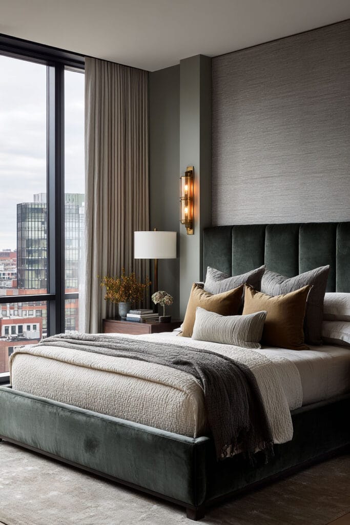 Modern sage green bedroom with velvet bed frame, brass wall sconces, neutral bedding, and large city view windows.