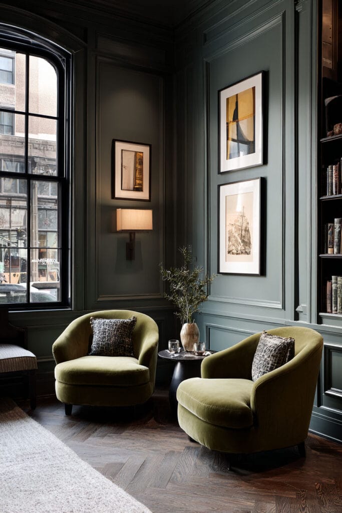 Moody sage green living room with paneled walls, velvet armchairs, black-framed windows, and eclectic artwork.