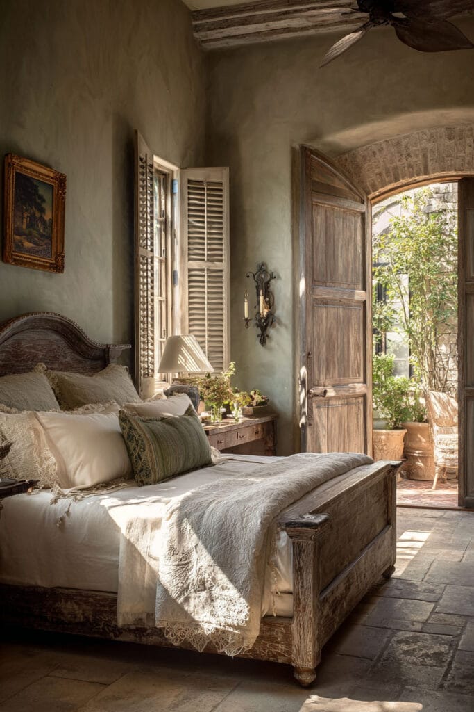 Rustic sage green bedroom with wood bed frame, lace bedding, plaster walls, and French doors opening to a garden.