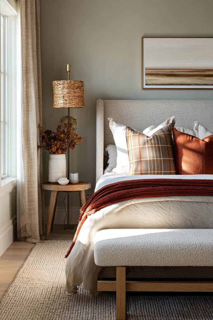 Sage green bedroom with rust accents, plaid pillow, linen bedding, and rustic wood side table with woven lamp.
