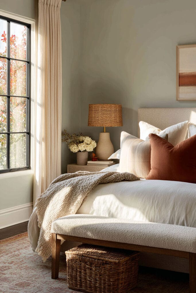 Sage green bedroom with rust pillows, neutral bedding, rattan lamp, and woven storage basket for cozy decor.