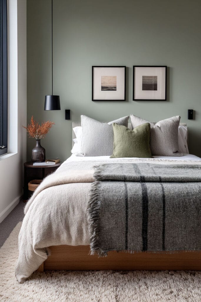 Modern sage green bedroom with neutral bedding, green accent pillow, black pendant light, and minimalist decor.