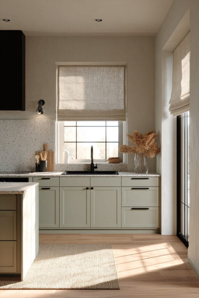 Modern sage green kitchen with terrazzo countertops, black hardware, Roman shades, and natural light.
