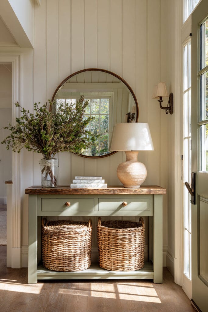 Sage green console table with round mirror, woven baskets, ceramic lamp, and greenery in a bright entryway.