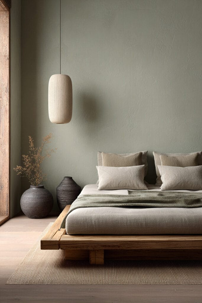 Earthy modern bedroom with sage green tufted bed, textured walls, wood accents, and clay vase decor.