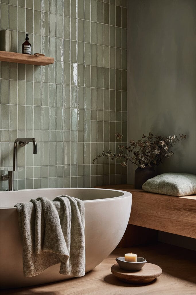 Sage green tiled bathroom with freestanding tub, wood accents, and spa-inspired decor.