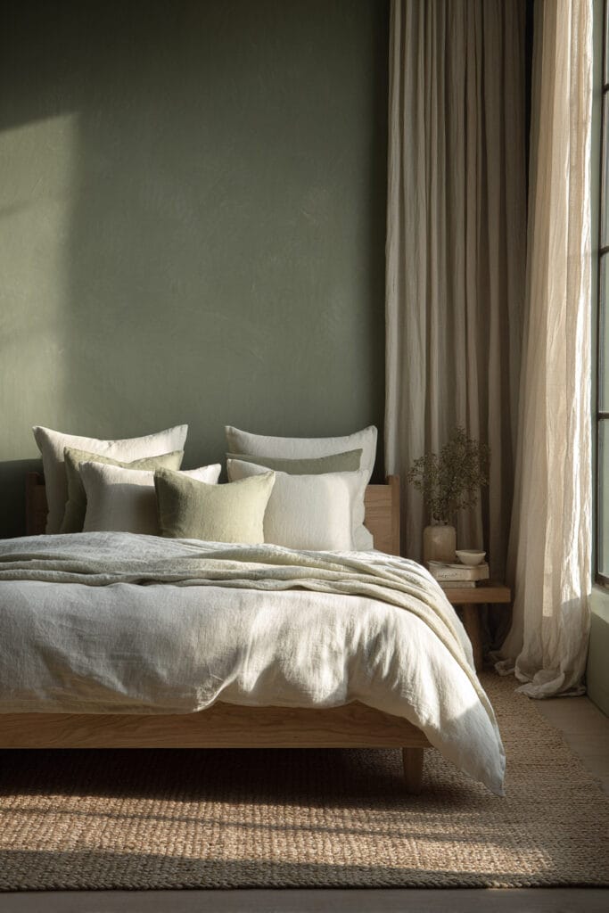 Sage green bedroom with wood platform bed, linen bedding, neutral pillows, ceramic vases, and woven pendant light.