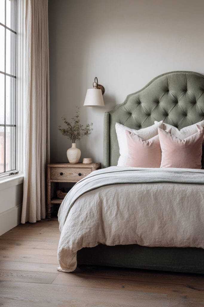 Sage green bedroom with tufted headboard, blush pillows, linen bedding, rustic wood nightstand, and natural light.