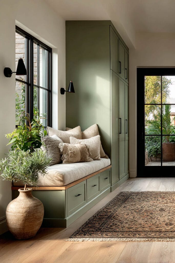 Sage green built-in entryway with window seat, textured pillows, black-framed windows, clay pot with greenery, and vintage rug.