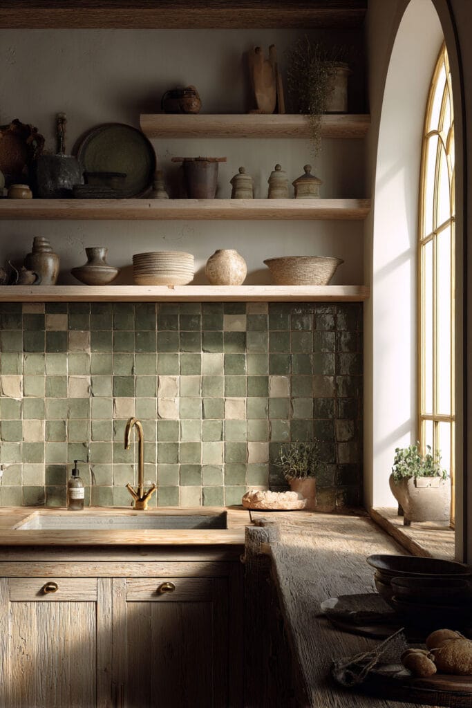 Rustic kitchen with sage green zellige tile backsplash, open wood shelves, brass faucet, and natural light from arched window.