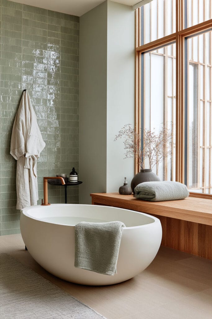 Sage green bathroom with freestanding tub, natural wood accents, and large windows for a spa-inspired retreat