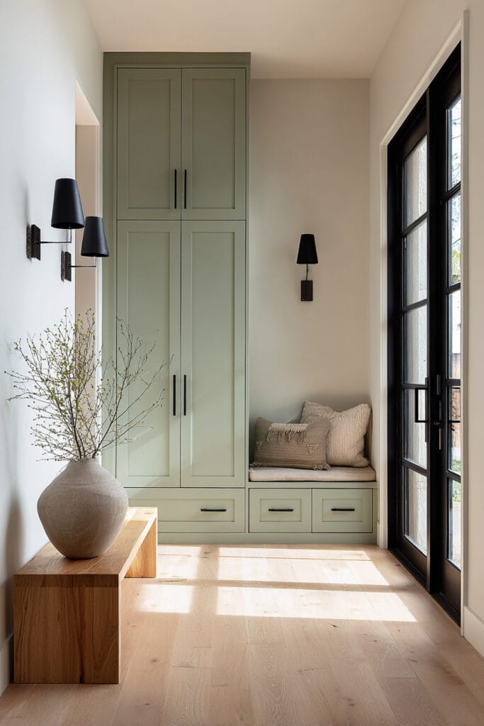 Sage green entryway with built-in cabinets, bench seating, black sconces, wood bench, and ceramic vase with branches.