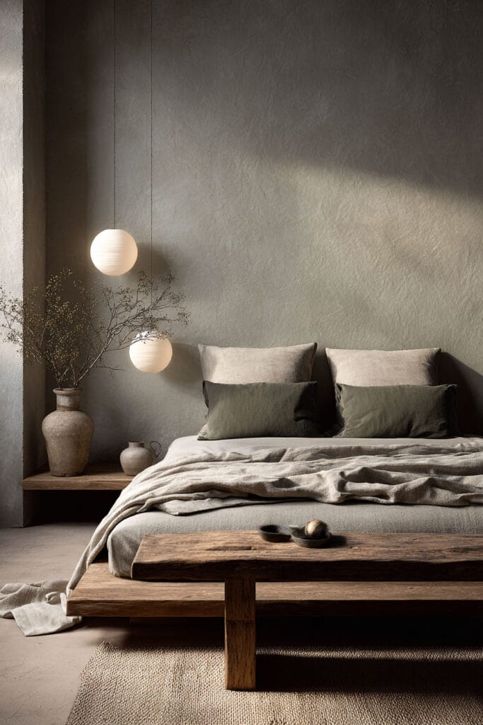 Rustic sage green bedroom with wood platform bed, linen bedding, ceramic vases, and pendant lights.
