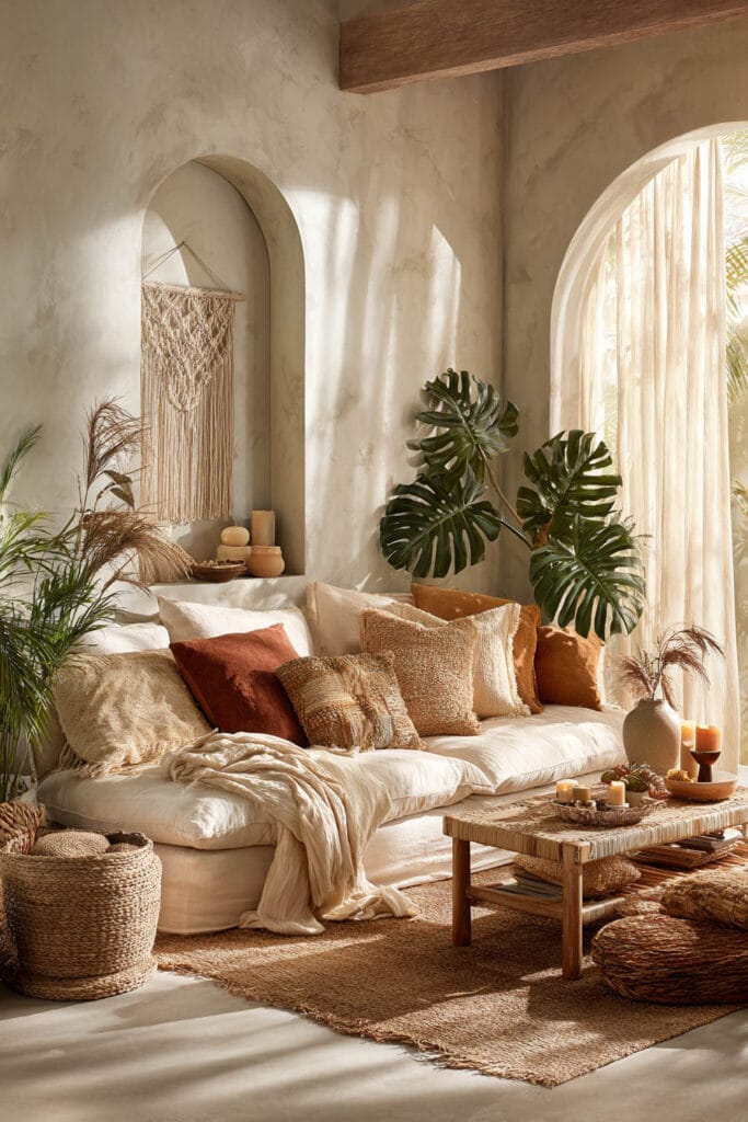 Boho living room with sage green accents, monstera plant, woven baskets, earthy pillows, and natural textures.