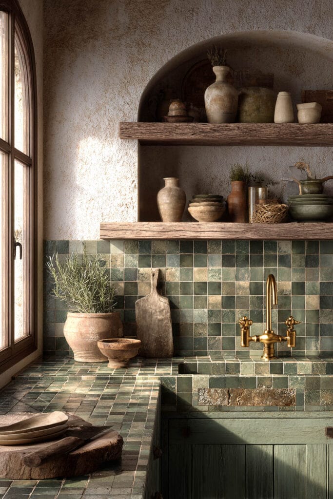 Rustic sage green kitchen with tiled counters, brass faucet, open wood shelves, and clay pottery accents
