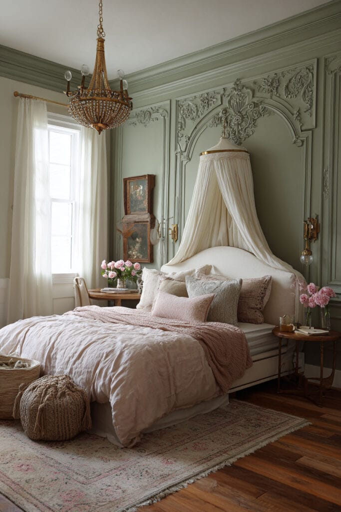  Elegant sage green bedroom with ornate paneling, canopy bed, blush bedding, crystal chandelier, and pink roses.