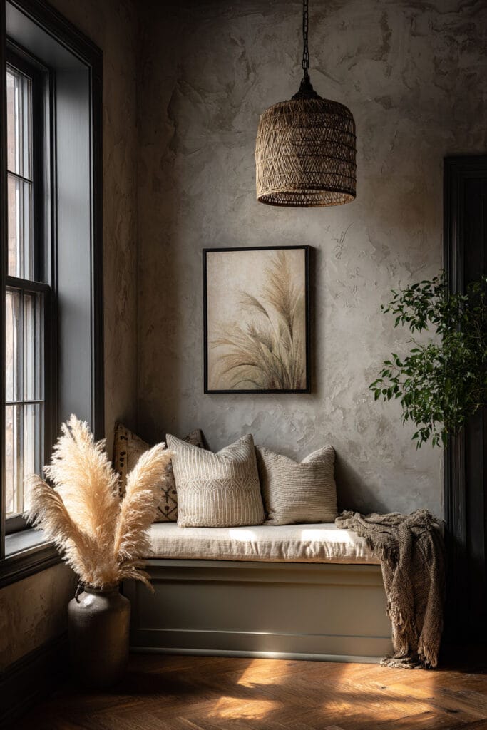 Sage green entryway bench with neutral pillows, pampas grass, woven pendant light, and rustic plaster walls.