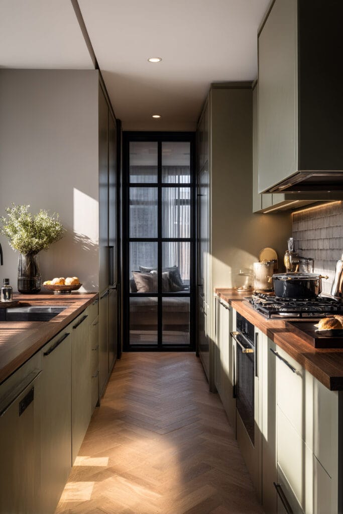 Modern galley kitchen with sage green cabinets, wood countertops, herringbone floor, and black framed glass doors.