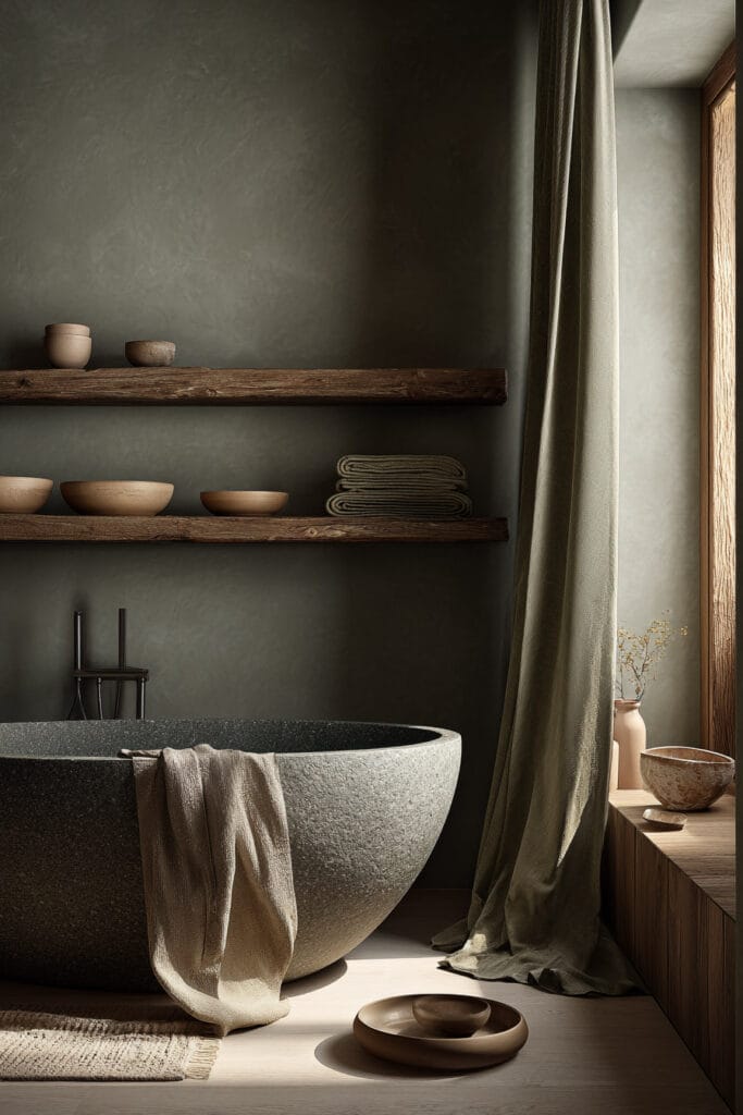 Sage green bathroom with stone freestanding tub, rustic wood shelves, and natural spa-inspired decor.