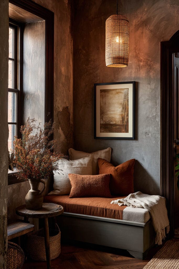 Sage green entryway bench with burnt orange pillows, rustic plaster walls, woven pendant light, and earthy pottery.