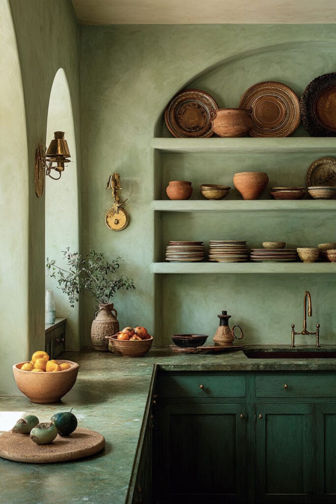 Mediterranean kitchen with sage green plaster walls, deep green cabinets, open shelves, terracotta pottery, and brass accents.