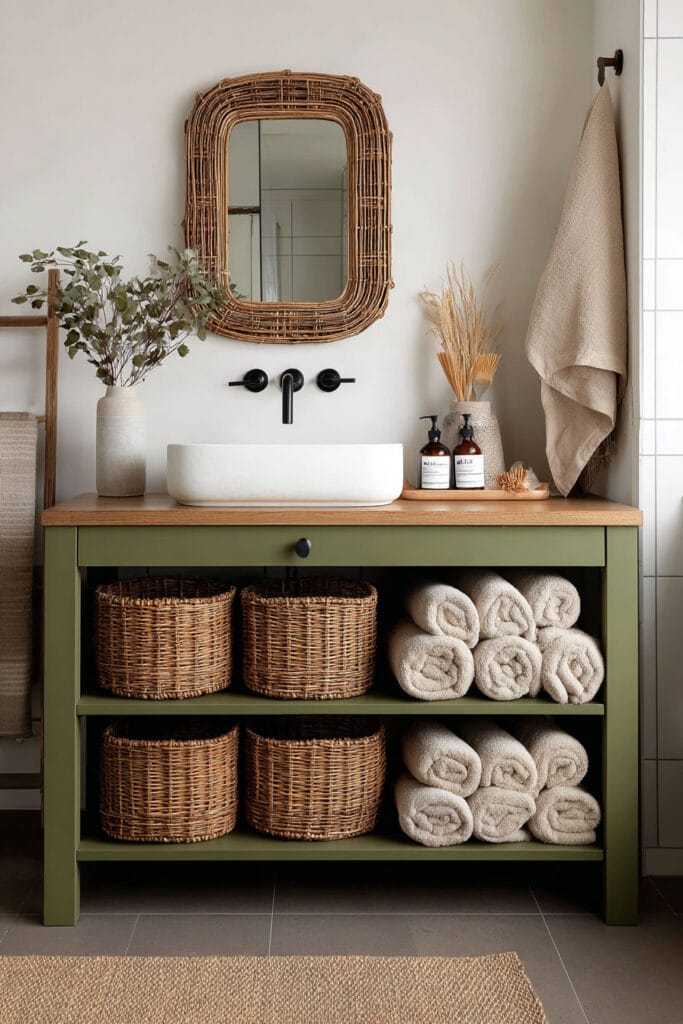 Sage green vanity with open shelving, woven baskets, and natural bathroom decor accents.