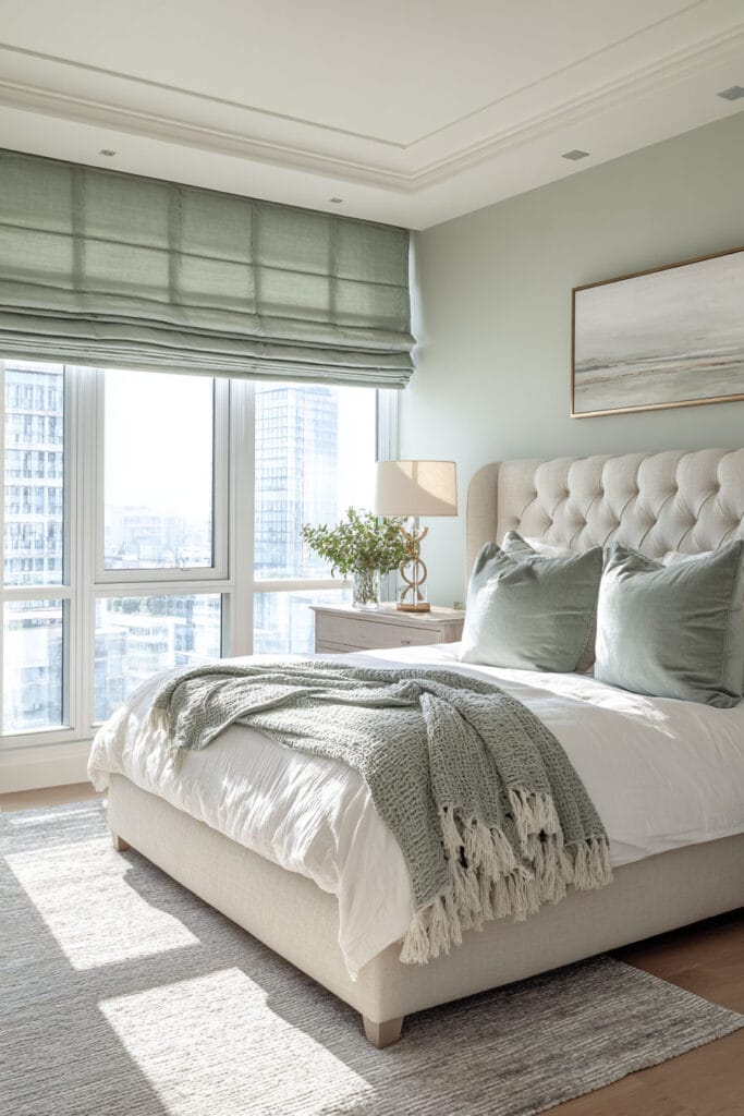 Bright sage green bedroom with tufted bed, Roman shades, throw pillows, and floor-to-ceiling windows.